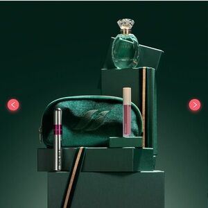 Green Velvet Cosmetic Bag with Perfume and Lip Gloss